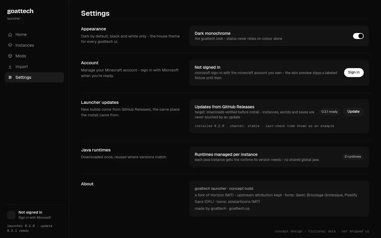 concept: settings with appearance, account, updates and runtimes
